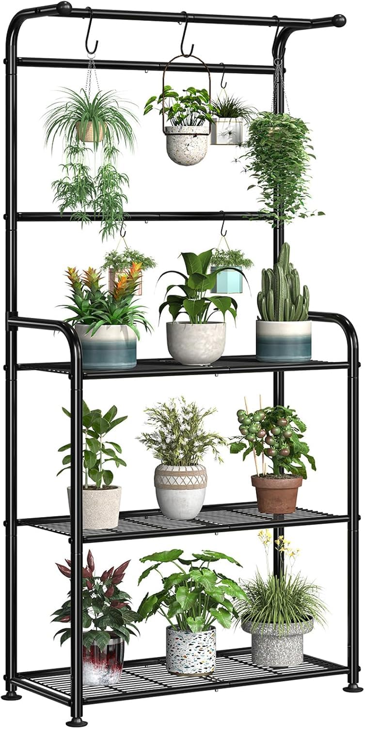 Ekisemio Plant Stands Outdoor with Hooks, Metal Tall Plant Shelves Indoor for Hanging Planter, Black