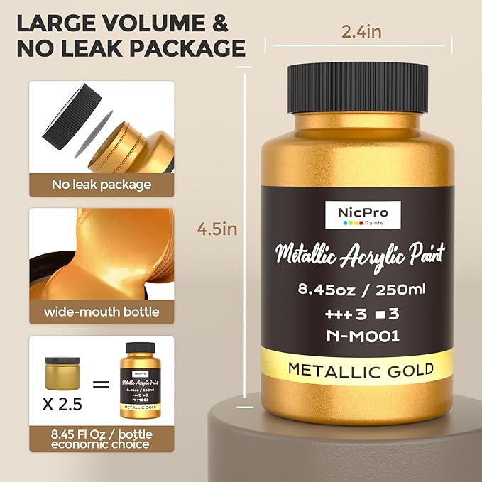 Nicpro Metallic Gold Acrylic Paint, 8.45oz/250ml Large Gold Leaf Paint