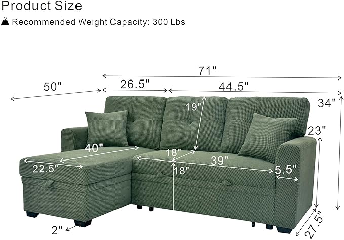 L Shaped Sectional Couch with Storage and Pull Out Bed, 3 Seater Sleeper Sofas