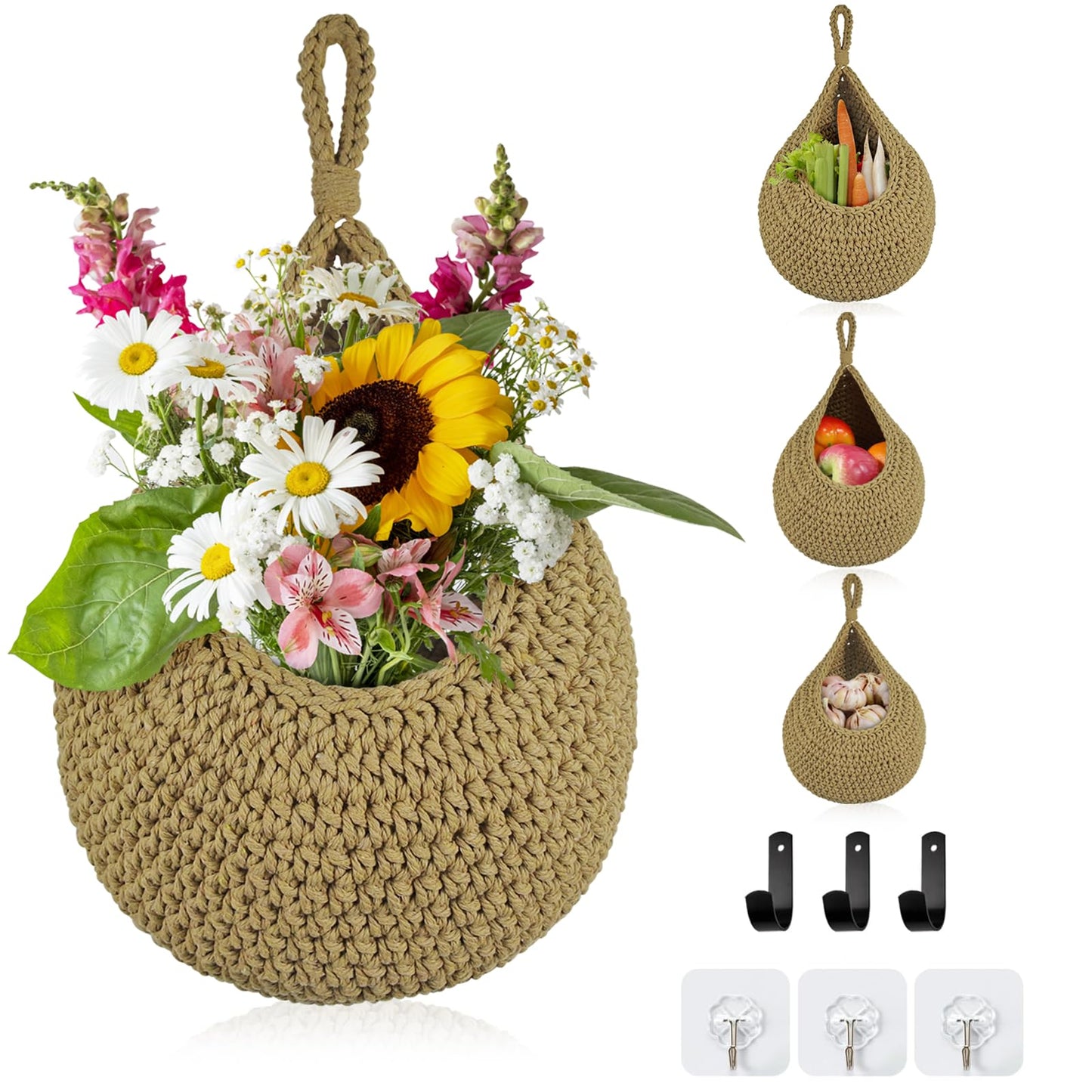 CKCY Hanging Fruit Baskets for Kitchen, 3 Pack Boho Wall Hanging Basket Woven Storage Garlic Keeper for Vegetable Produce Hammock Holder Home Kitchen Decor, Brown