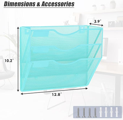 EASEPRES 3 Pocket Mesh Hanging Wall File Organizer, Wall Mounted Mail Paper Document Folder Holder, Clipboard Storage Organization Magazine Rack with Nametag Label for Office Home School, Blue