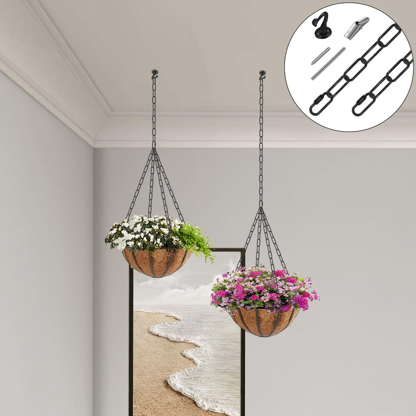 Omytie 12 Ft Heavy Duty Hanging Chain Kit with Connection Locks & Swag Ceiling Hooks for Lighting Fixture, Chandelier, Pendant, Lantern, Swag Lamp, Plant/Flower/Fruit Basket, Bird Feeder (Black)