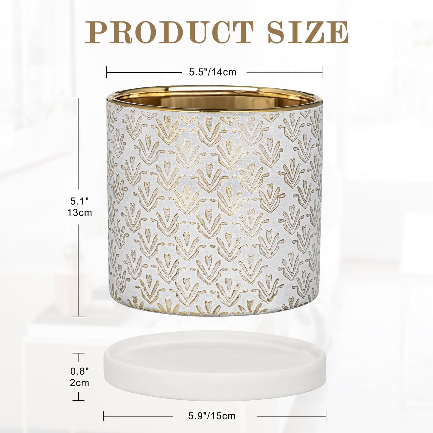 Ceramic Plant Pots with Drainage Hole & Saucer, Gold & White Ceramic Planter Pot for Indoor & Outdoor, 5.5 Inch Small Plant Pots Decorative Flower Pot for Herbs, Cactus, Orchids, Succulents Planters