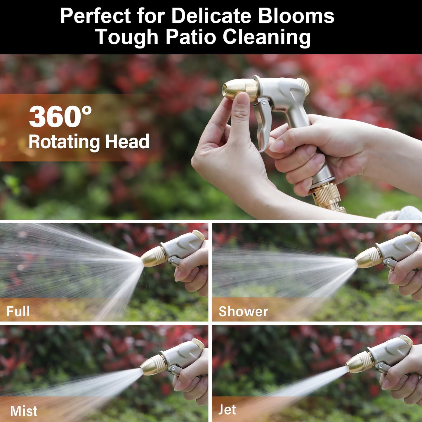 Garden Hose Nozzle with Full Brass Nozzle, 100% Metal Hose Sprayer with 4 Adjustable Patterns, Heavy Duty Water Nozzle for Garden, Lawns, Cars, Showering Pet & Windows
