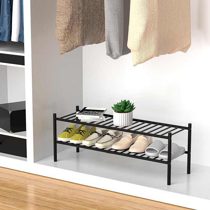 ROMGUAR CRAFT 2-Tier Bamboo Long Shoe Rack, Free Standing Wood Shoe Shelf
