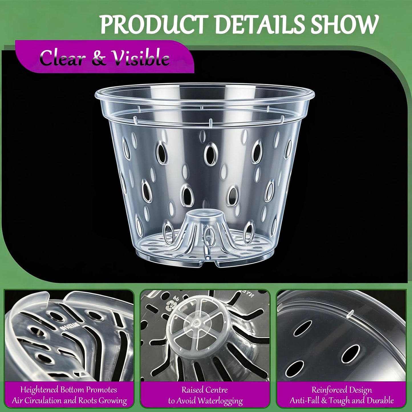 Gyfofix 6 Pack 5.9 Inch Clear Plastic Orchid Pots with Drainage Holes, Transparent Breathable Planters for Root Observation, Indoor Outdoor Orchid Cultivation