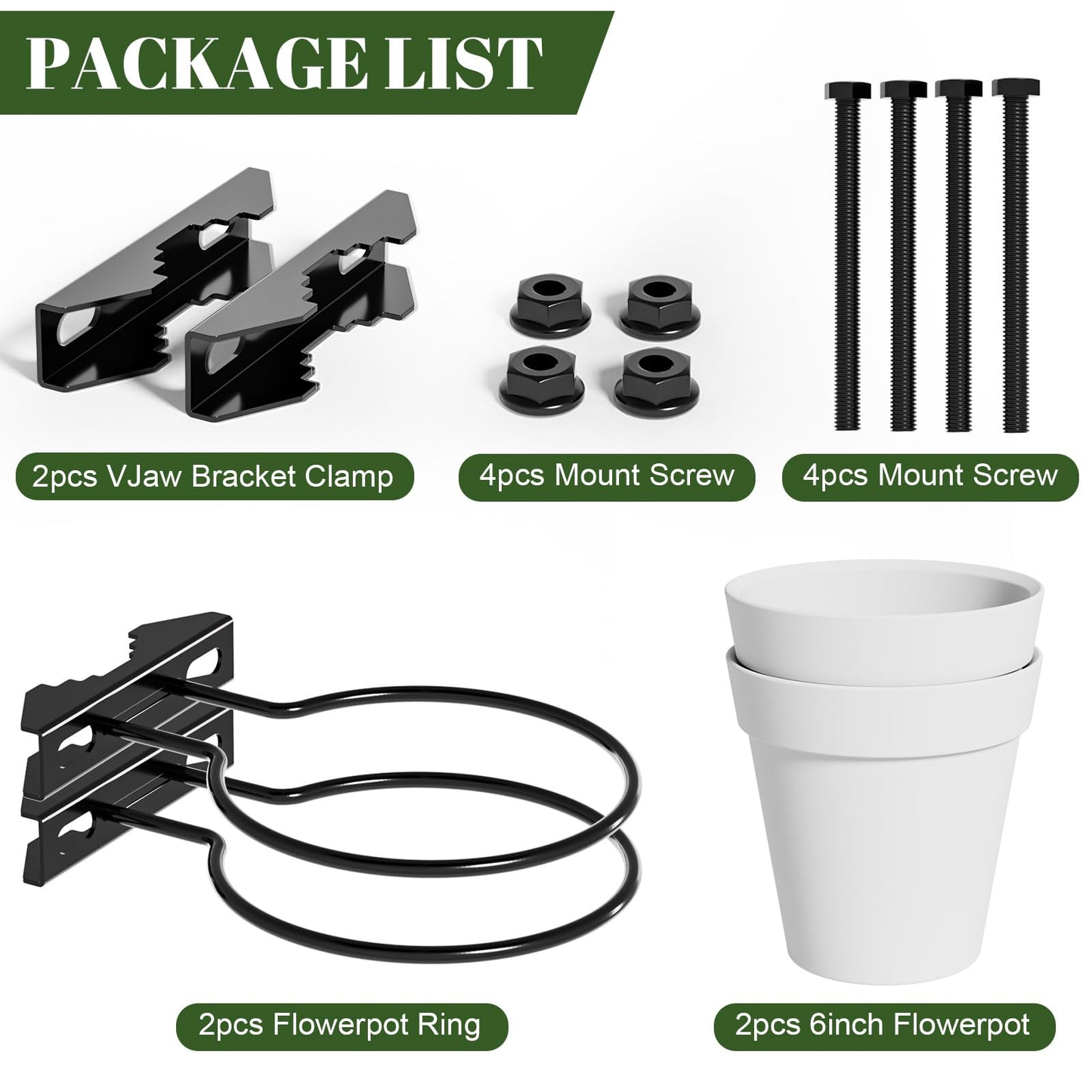 Xbpeuy Hanging Flower Pots Holder, 2 Set Deck Railing Plant Container Holder with Pot, Pipe Clip Fence Planters Tray for Indoor & Outdoor Fence Balcony Patio Porch Railing