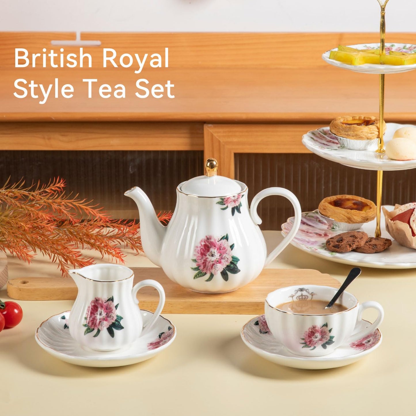 Sweejar Porcelain Tea Sets British Royal Series, 8 OZ Cups & Saucer Service for 6, with Teapot Sugar Bowl Cream Pitcher Teaspoons and Tea Strainer, Suitable for High Tea, Wedding, Party