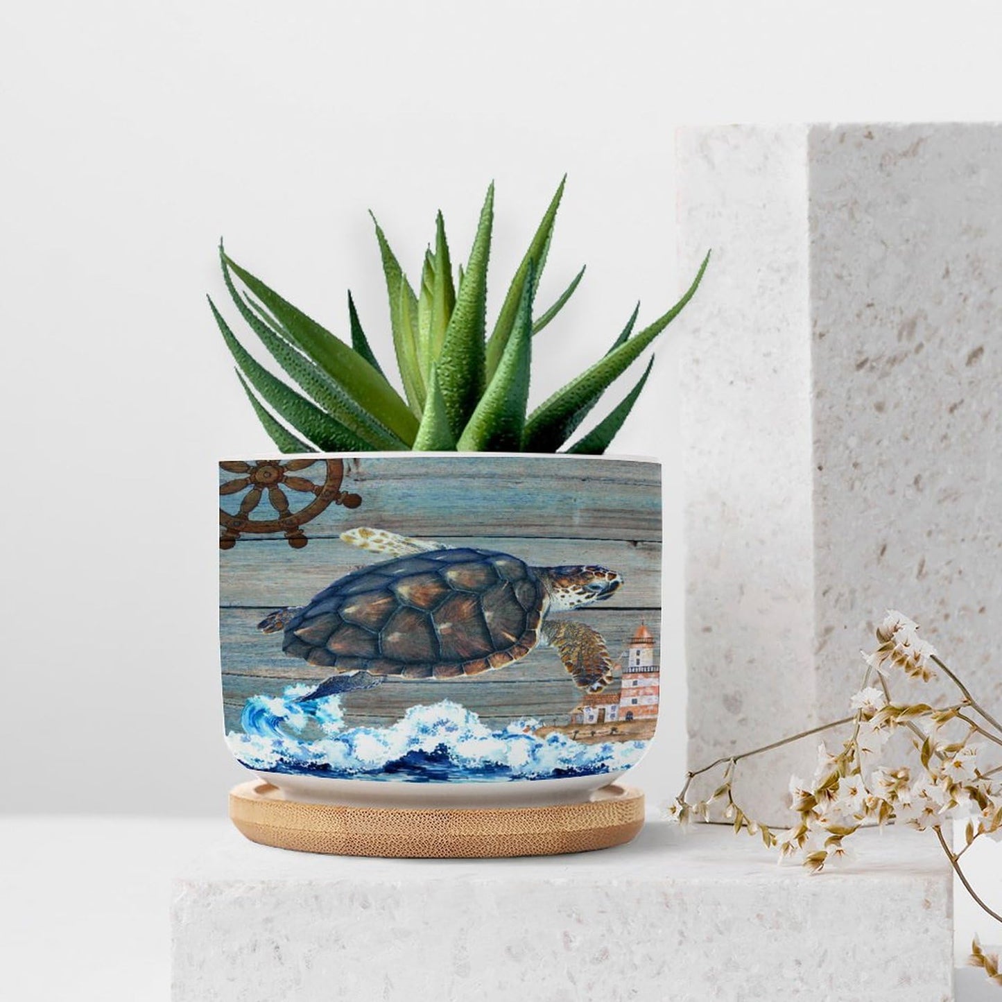 DreamAutumn Ocean Theme Sea Turtle Ceramic Pots for Plants with Drainage Holes Round Flower Pot Bamboo Tray Orchid Pot Succulents Pots for Outdoor Indoor Plants,Housewarming Gifts