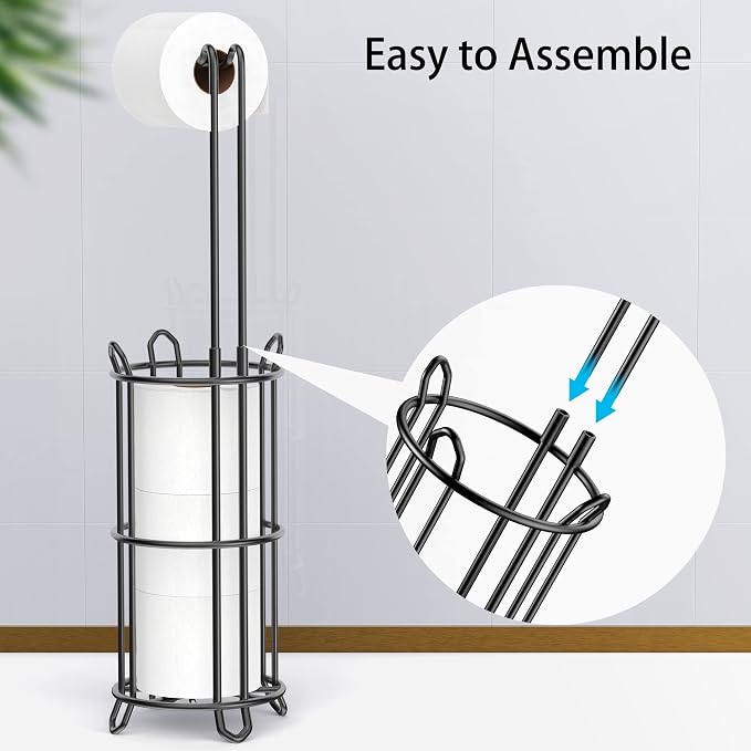 Meangood Toilet Paper Holder Stand and Tissue Paper Roll Dispenser for 4 Mega Rolls, Bathroom Free Standing Tissue Roll Storage Holder Rack, Metal Wire (Black)