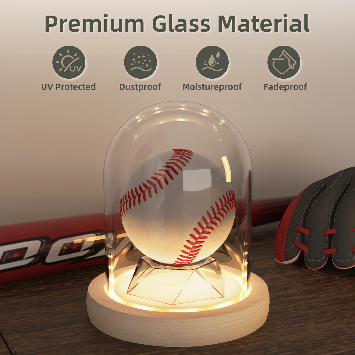 DuvinDD Baseball Display Case with LED Light Base, Glass Dome Cloche Baseball Holder for Softball, Crystal, Rock Collection, Tennis Ball, 4.33" D X 4.7" H, Gifts for Christmas