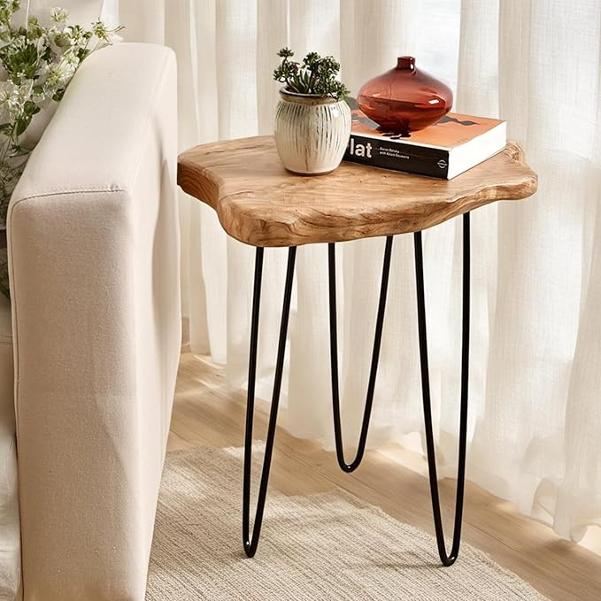 WELLAND Live Edge Cedar End Table, Unique Desktop Side Table, Natural Clear