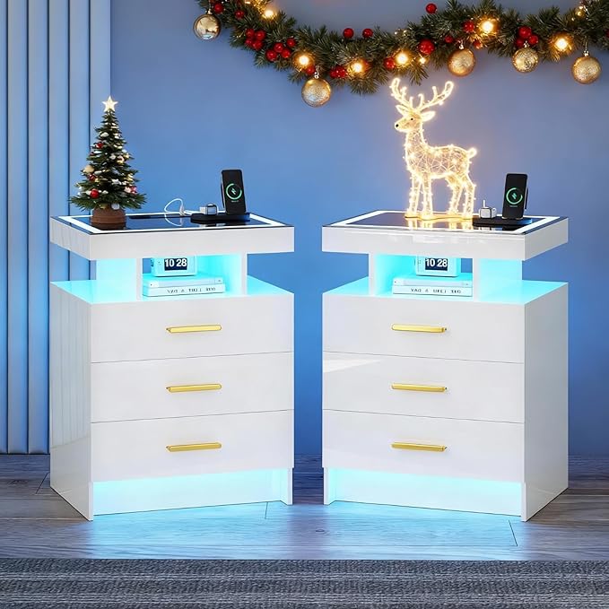 White Night Stand Set 2 with Wireless Charging Station, Smart Bedside Table