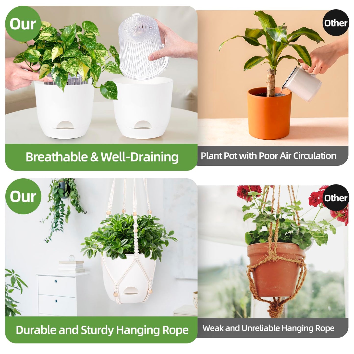 2-Pack 5.7-Inch Self-Watering Hanging Planters for Indoor & Outdoor Plants,34Inch Macrame Hanger Plant Pots Indoor with Drainage,Small Hanging Planters & Baskets,With Two Sets of Hooks（Pure white）