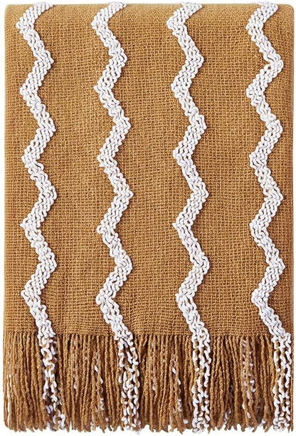 BOURINA Fluffy Chenille Knitted Fringe Throw Blanket Lightweight Soft Cozy for Bed Sofa Chair Throw Blankets, 60" x 80",Mustard