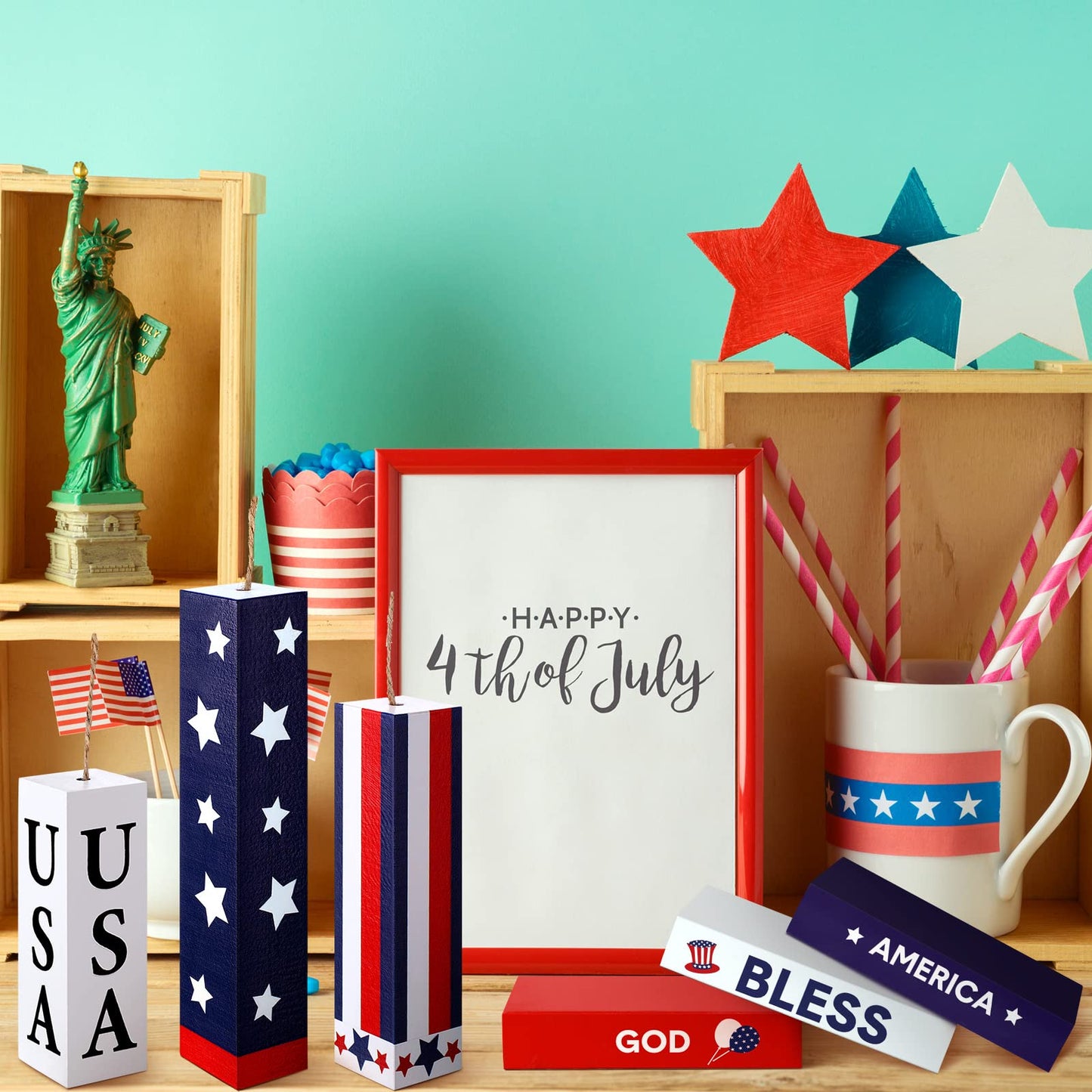 Kigley 8 Pcs 4th of July Table Decorations Wooden Patriotic Decorations 4th of July Tiered Tray Decor Set Faux Book Stack Firework Centerpieces Independence Day Tabletop for 250th Anniversary Home