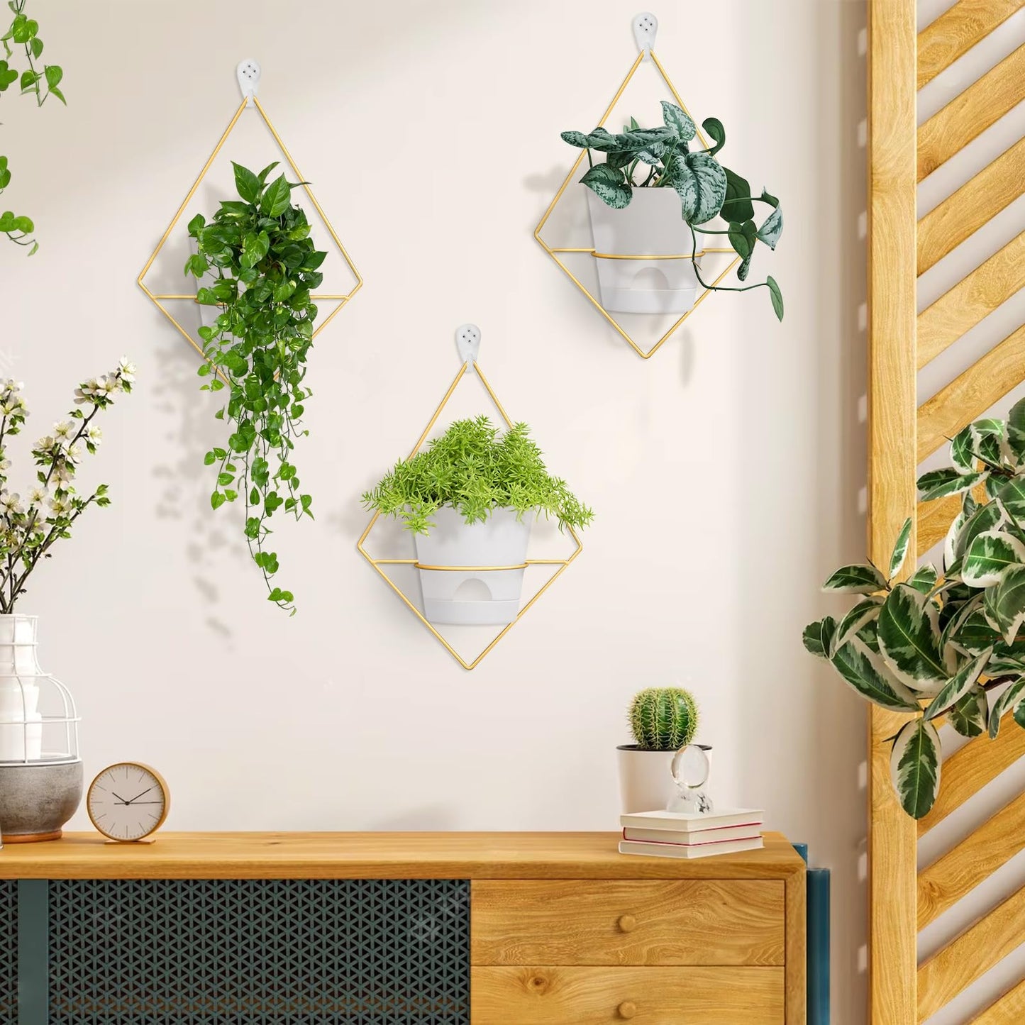Koalaime 3 Sets Wall Planters for Indoor Plants Geometric Hanging Planters for Indoor Plants - Self-Watering Flower Pots with Black Metal Holder, Mounted Succulent Planter, 5" Black Plant Pot