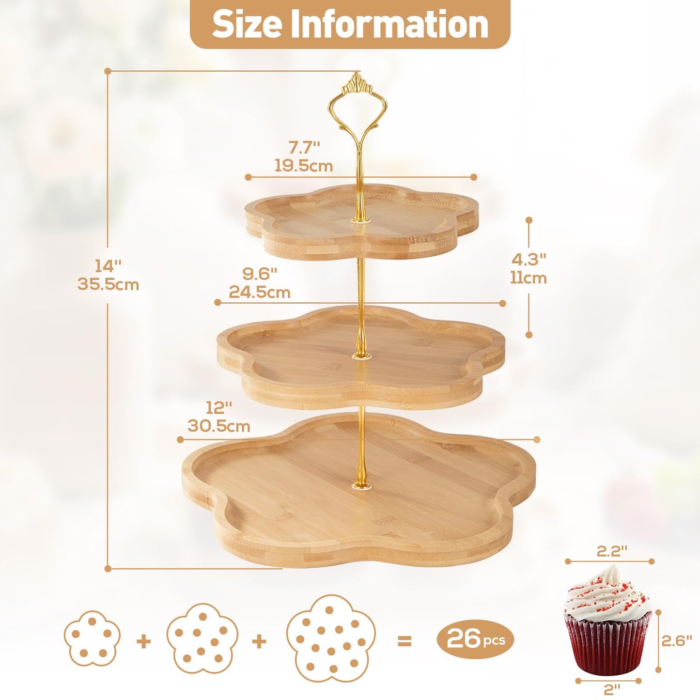 DUJUST Elegant 3-Tier Wooden Cupcake Stand with Flower-Shaped Design, Rustic Bamboo Tiered Serving Tray for Cupcake, Desserts, Tea Party, Wedding, Farmhouse & Kitchen Decor, Easy to Install & Clean