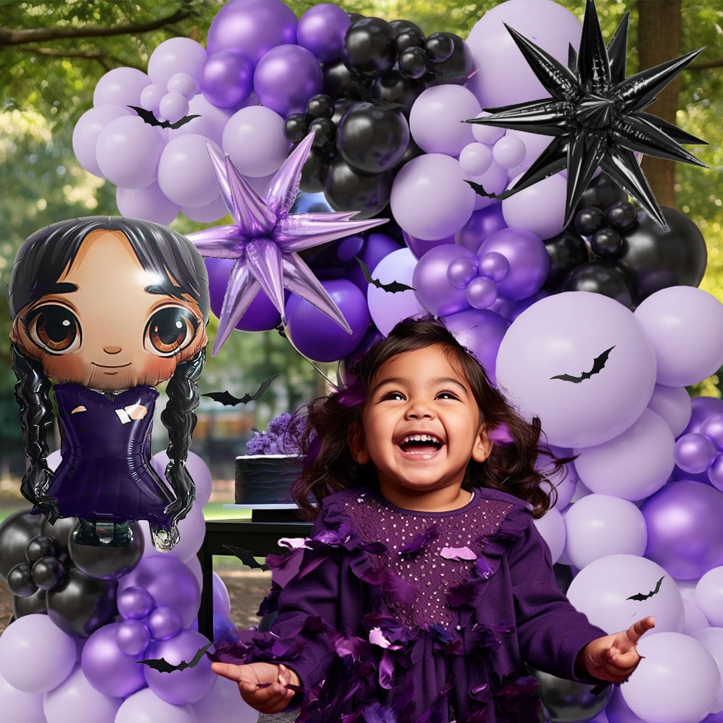143pc Purple And Black Balloon Arch Kit Gothic Balloon Garland Paper Bats Starburst Foil Balloons For Vampirina Goth Birthday Decorations，Spooky Celebrations, Halloween, And Character-Themed Parties