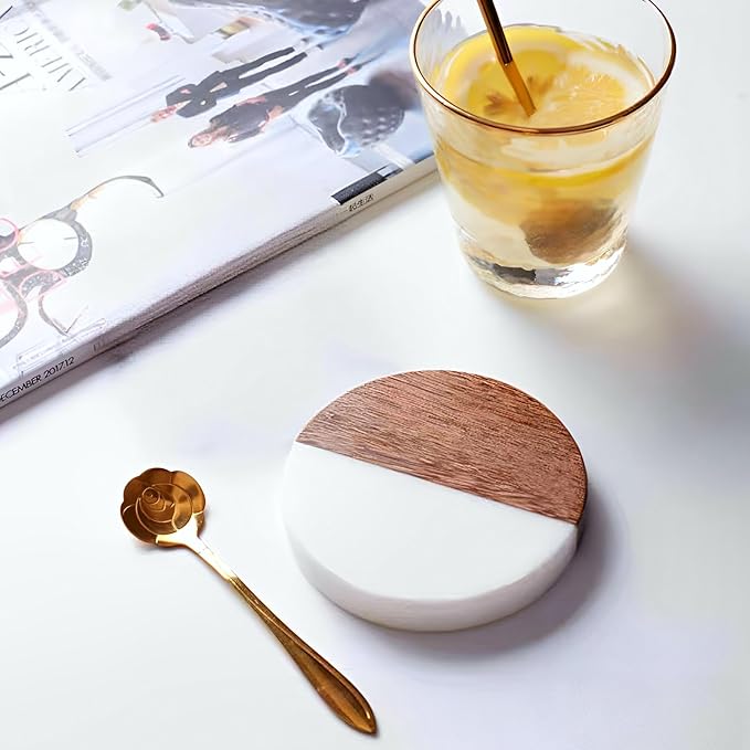 I-LAN 8-Pack Marble and Acacia Wood Coasters, 4-Inch Round Modern Drink Coaster