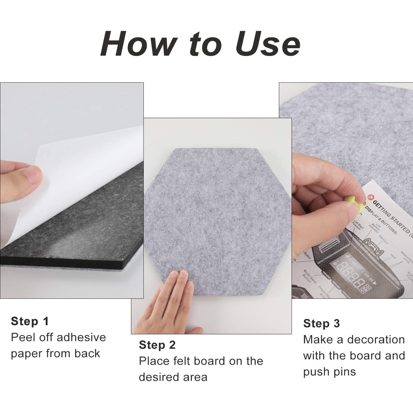 SEG Direct Hexagon Felt Cork Board Tiles, Hexagon Felt Bulletin Board Tiles Self Adhesive Picture Board, Memo Notice Tiles Pin Board for Walls Office, 11.8" x 10.2", 5PCS(Gray Series)