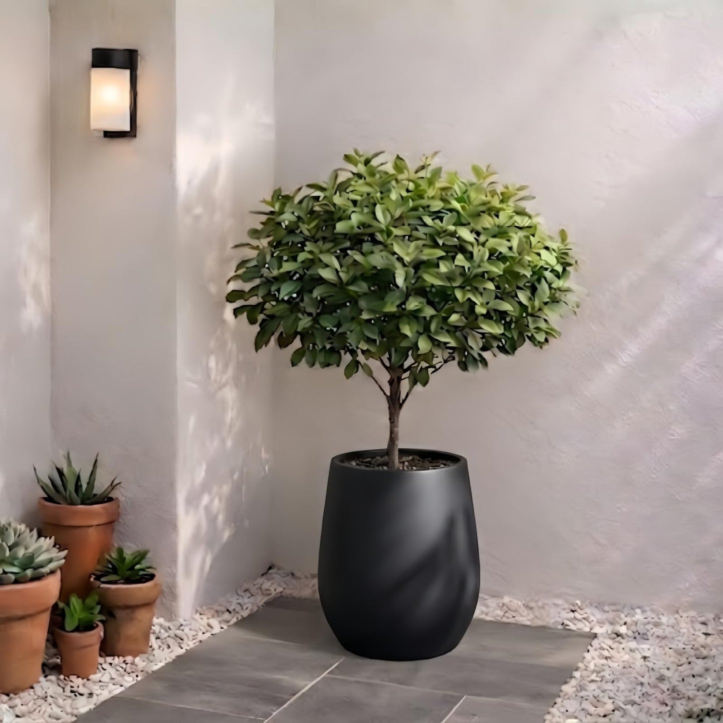 KUTE NEST 12.5" H x 11.4" D Premium Corso Fiberstone Round Tapered Planter with Drainage Hole, Weather Resistant for Indoor and Outdoor Use, Included 2 Extra Coco Mats (Black, 9" Pot Opening)