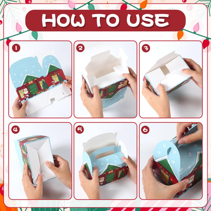 Patimate 24pcs Christmas Cookie Boxes for Gift Giving, 4 Style 3D Xmas House Cardboard Treat Boxes with Handles for Christmas Goodie Candy Holiday Party Favor Supplies