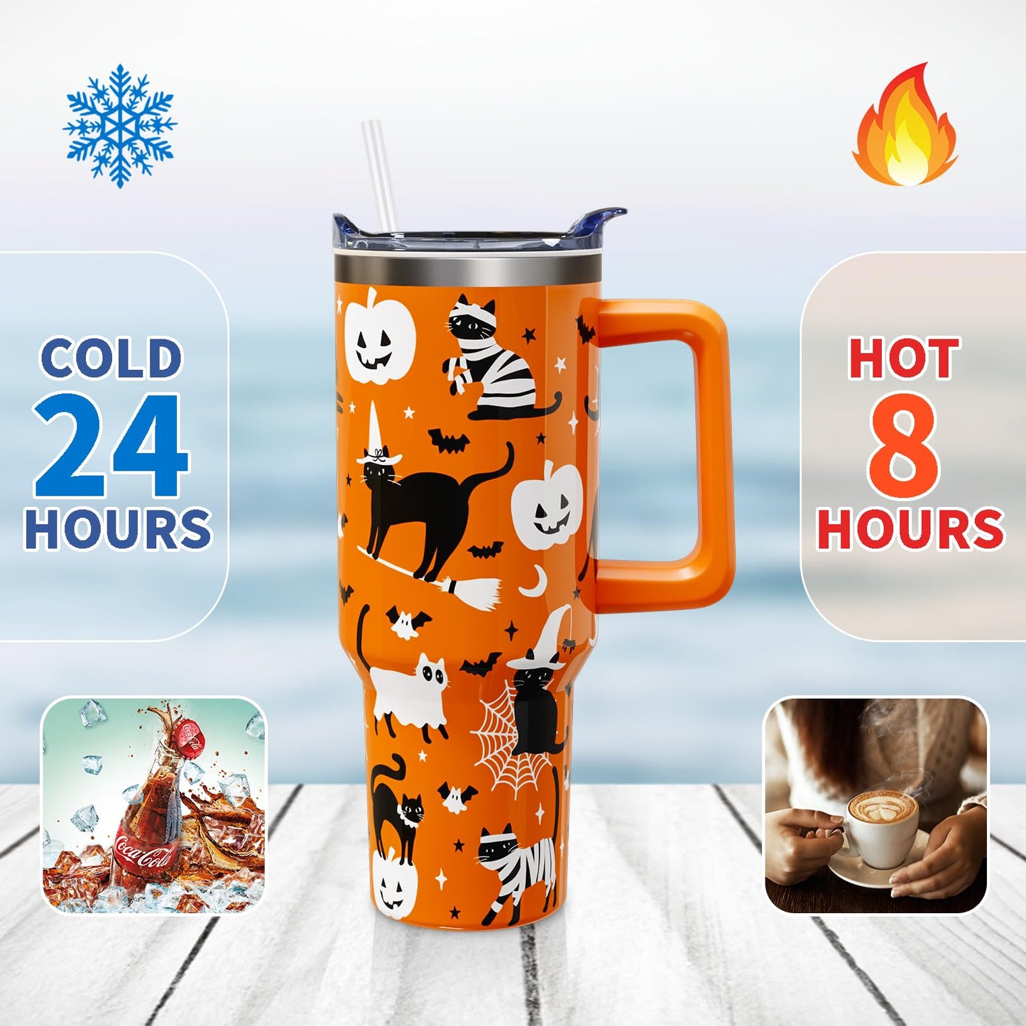 Aokoyi Halloween Cat 40 Oz Tumbler With Handle and Straw, Cute Black Cats Stainless Steel Insulated Cup Water Bottle, Spooky Holiday Gifts for Women Men (1PC)
