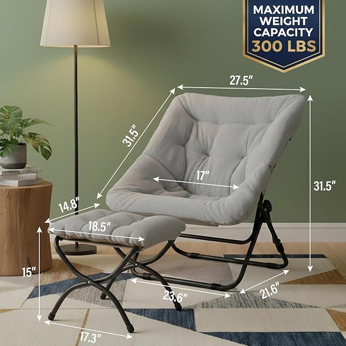Tiita Folded Chair with Ottoman, Soft Faux Fur Oversized Folding Accent Chair