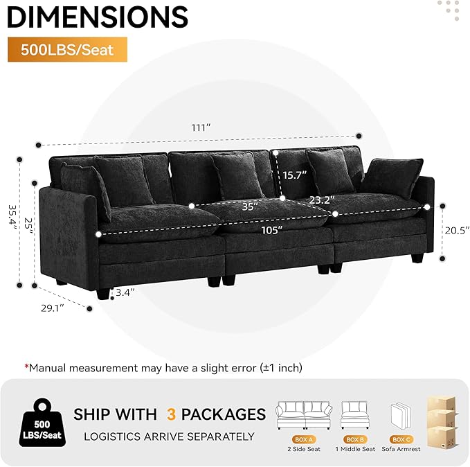 111'' Sectional Cloud Deep Seat Couch, Modern Comfy Chenille Modular Sectional