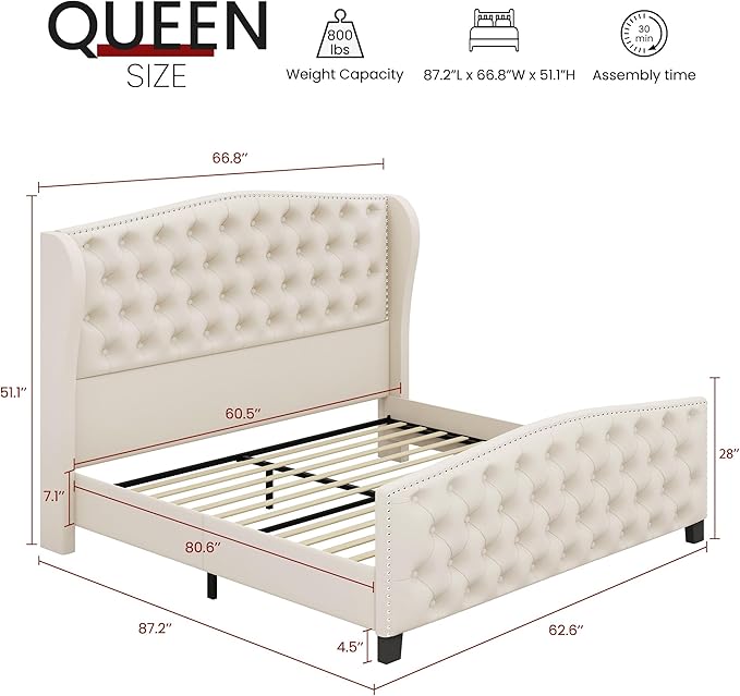 BRELTAM Upholstered Queen Size Bed Frame Velvet Beige Tufted Platform Bed Frame
