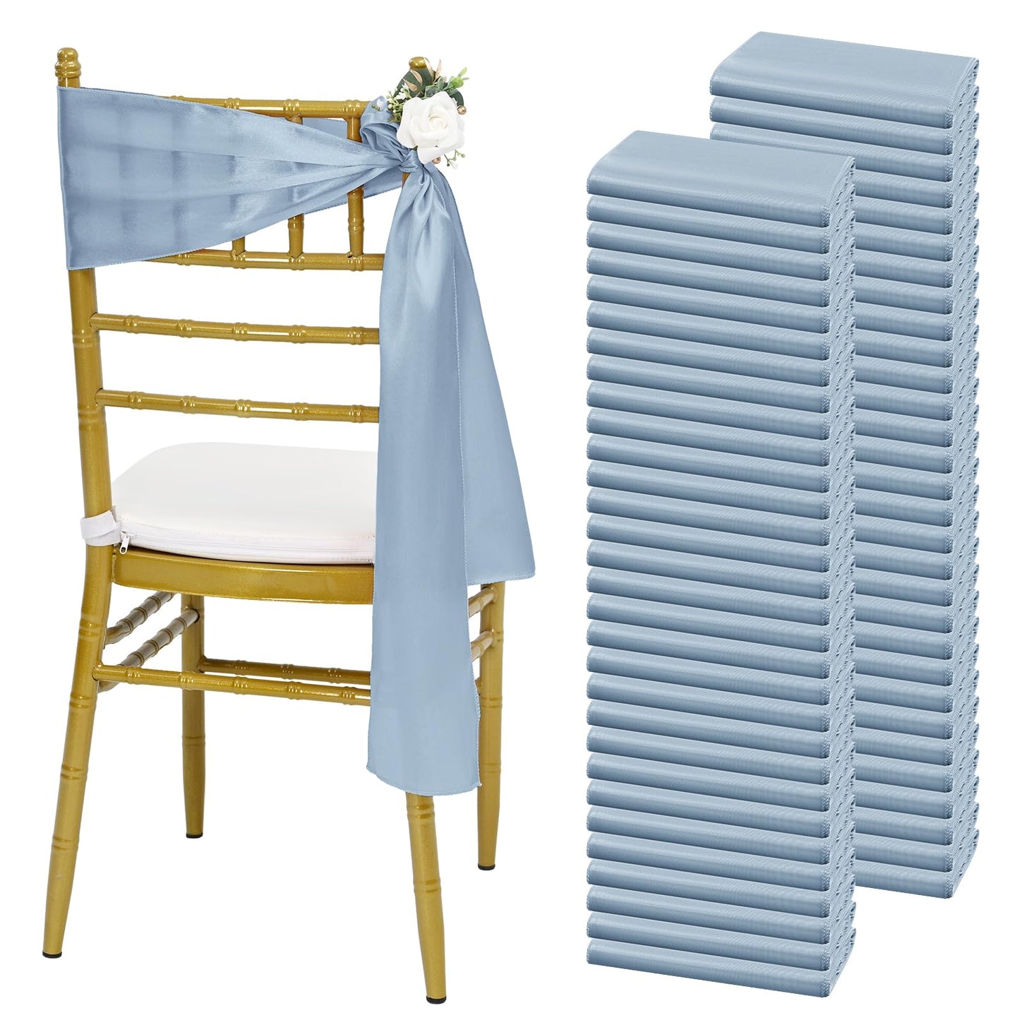 Lykoow 100 Pcs Satin Chair Sashes 78 inch for Wedding Reception Party Hotel Home Kitchen Decoration-Dusty Blue