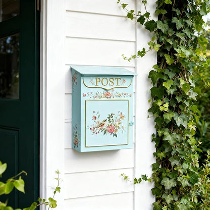 Mailbox Wall Mount Mailboxes for Outside Vintage Mail Boxes for House Outside Metal Drop Box Antique Style Nostalgic Charm Home Decorative, Flower Pattern Blue