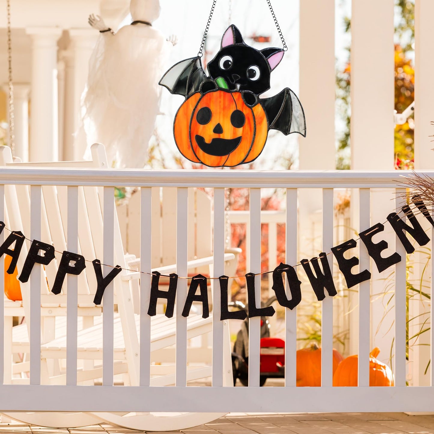 JAWNLITY Stained Glass Window Hanging Sun Catcher, Handmade Bat and Pumpkin Suncatcher for Window, Wall Porch Decoration, Cute Cartoon-Style Stained Glass Halloween Christmas Decor Gift