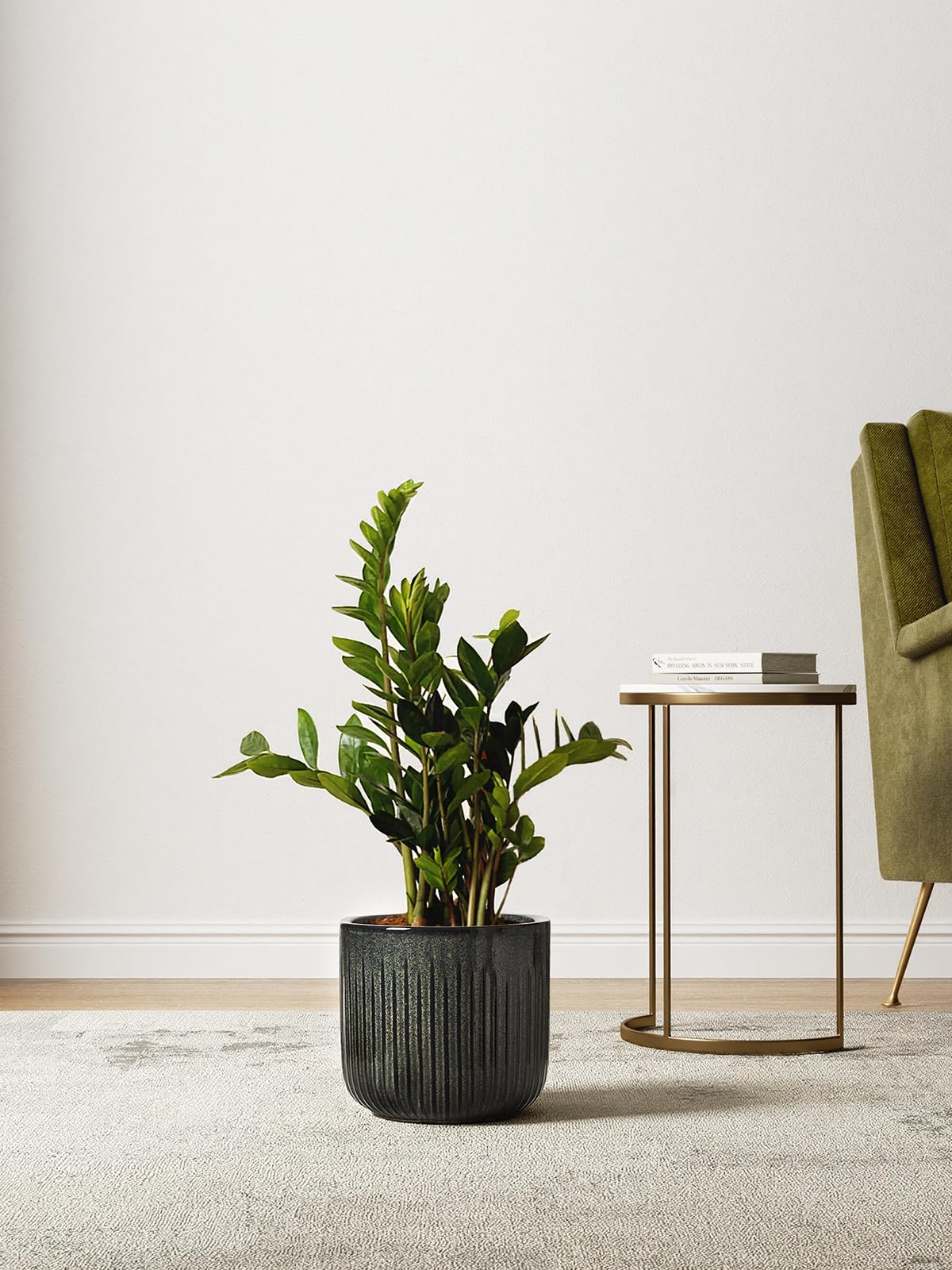 LE TAUCI Ceramic Pots for Plants, 8.3/7/6 Inch Indoor Planters with Drainage Holes & Mesh, Modern Glossy Glaze Cylinder Fluted Plant Pot for Snake Plant, Set of 3, Dark Olive