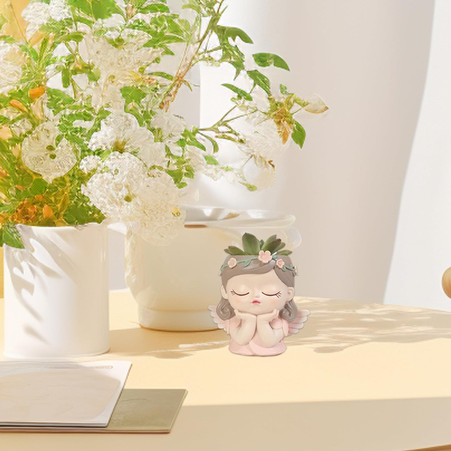 BEAHING Face Planter, Fairy Girl Face Plants Pots, Resin Waterproof Head Pot with Drainage Hole, Small Girl Face Succulent Pots for Indoor Plants Tiny Cactus (Praying)