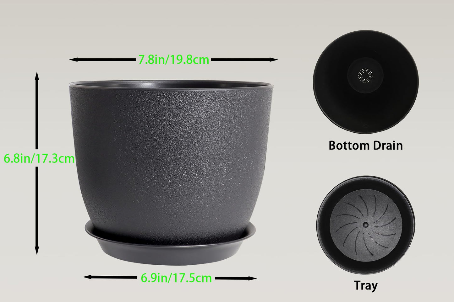 XQSHPDM 8 Inch Plant Pots Set of 4, Plastic Planters with Drainage Holes and Tray, Flower Pots for Indoor Outdoor Plants and Flowers (Black)