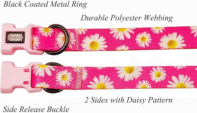 Dog Collar and Leash Set, Cute Pink Daisy Pattern, Polyester Material, 5ft Leash, for Large Dogs.(L, Daisy Set)