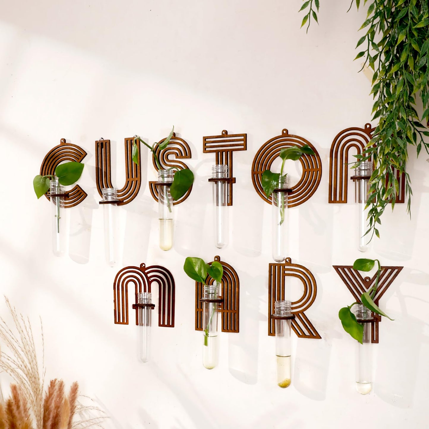 5 Pack Letter Wall Propagation Planters Test Tubes Wall Decor for Hanging Plants Clear Water Plant Vase Brown Wood Upletter Alphabet Functional Art Boho Set Dream