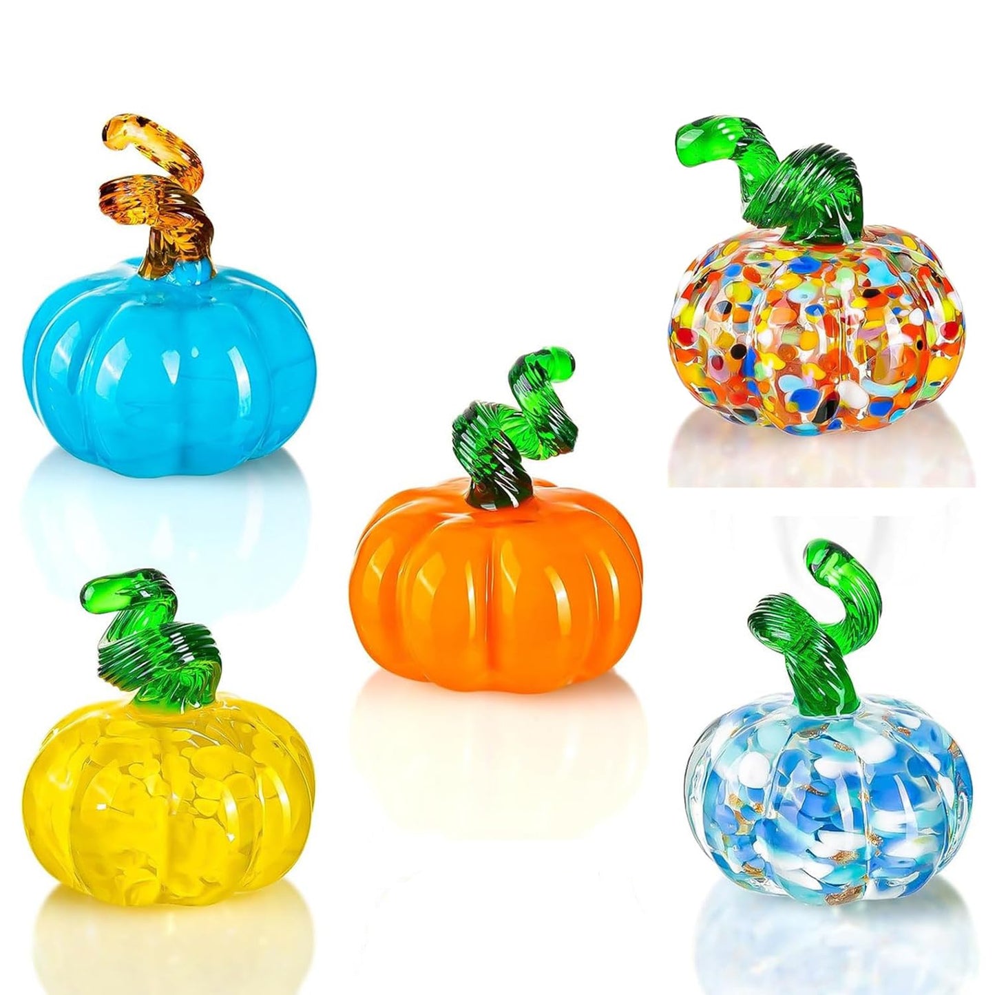 5pcs Blown Glass Pumpkin Figurines Collectibles, Small Crystal Glass Art Pumpkin Ornament for Halloween Thanksgiving Fall Home Decoration