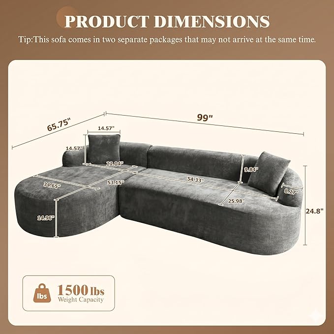 99" Curved Sectional Sofa with Chaise, Modern Boneless Couch with Deep Seat