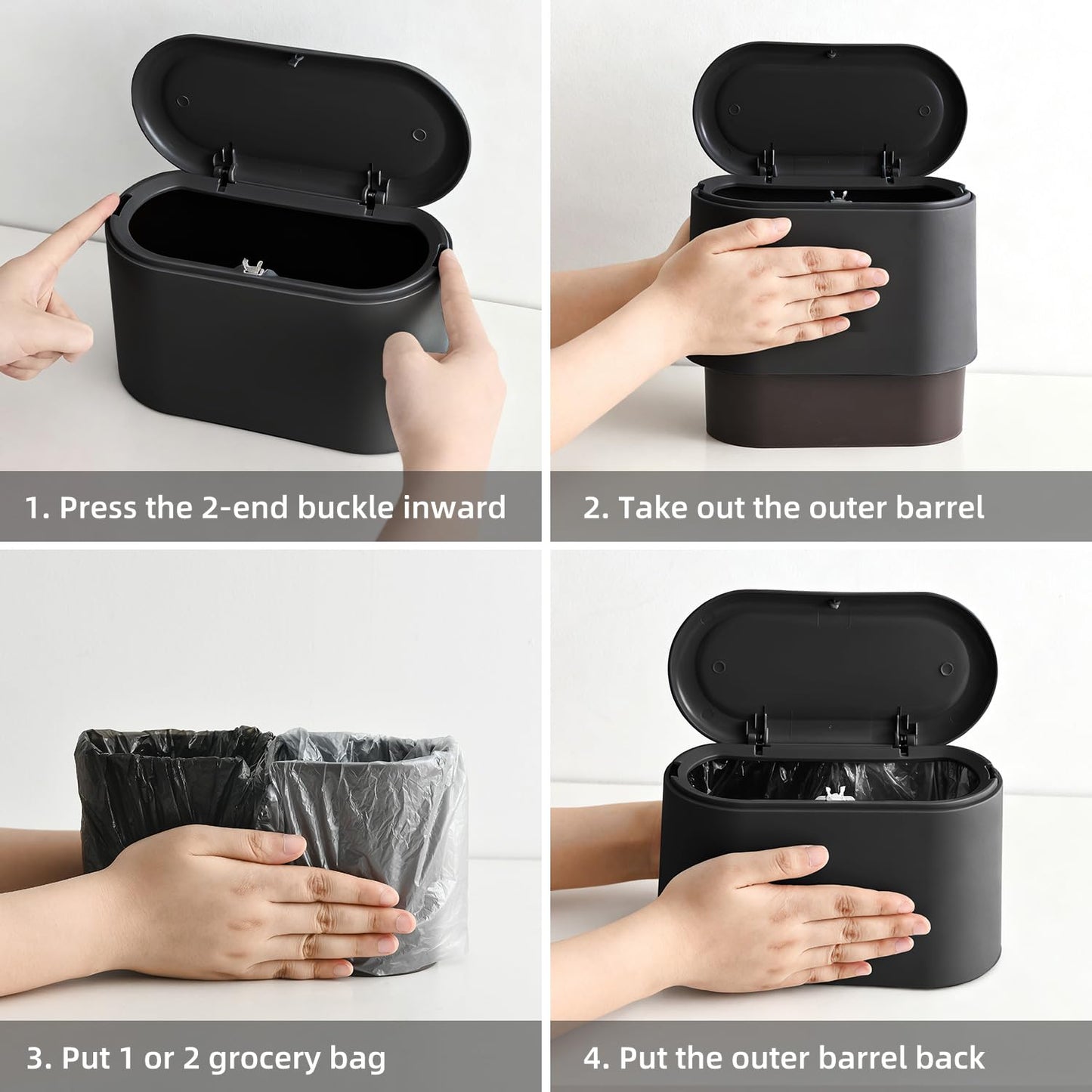 SUBEKYU 0.5 Gal Mini Countertop Trash Can with Lid for Desktop, Small Garbage Can for Office, Tiny Wastebasket, Plastic,Black