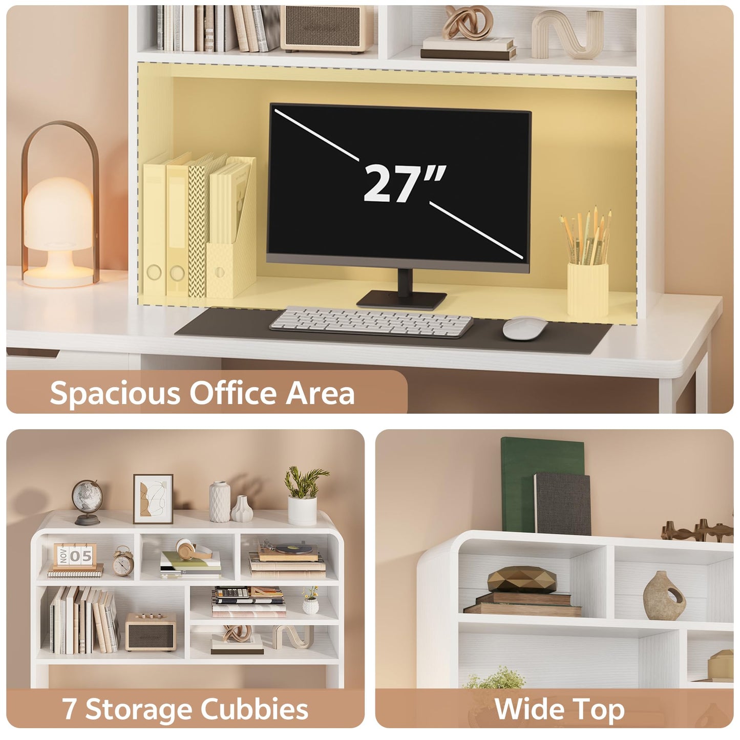 Homiflex 5-Tier Desk Shelf, 37.4''W Desktop Bookshelf for Computer Monitor, Desktop Organizer Shelf Storage Rack with 6 Cubbies, 5-Level Desk Hutch Display Rack for Home, Office, Dorm, Vanity, White