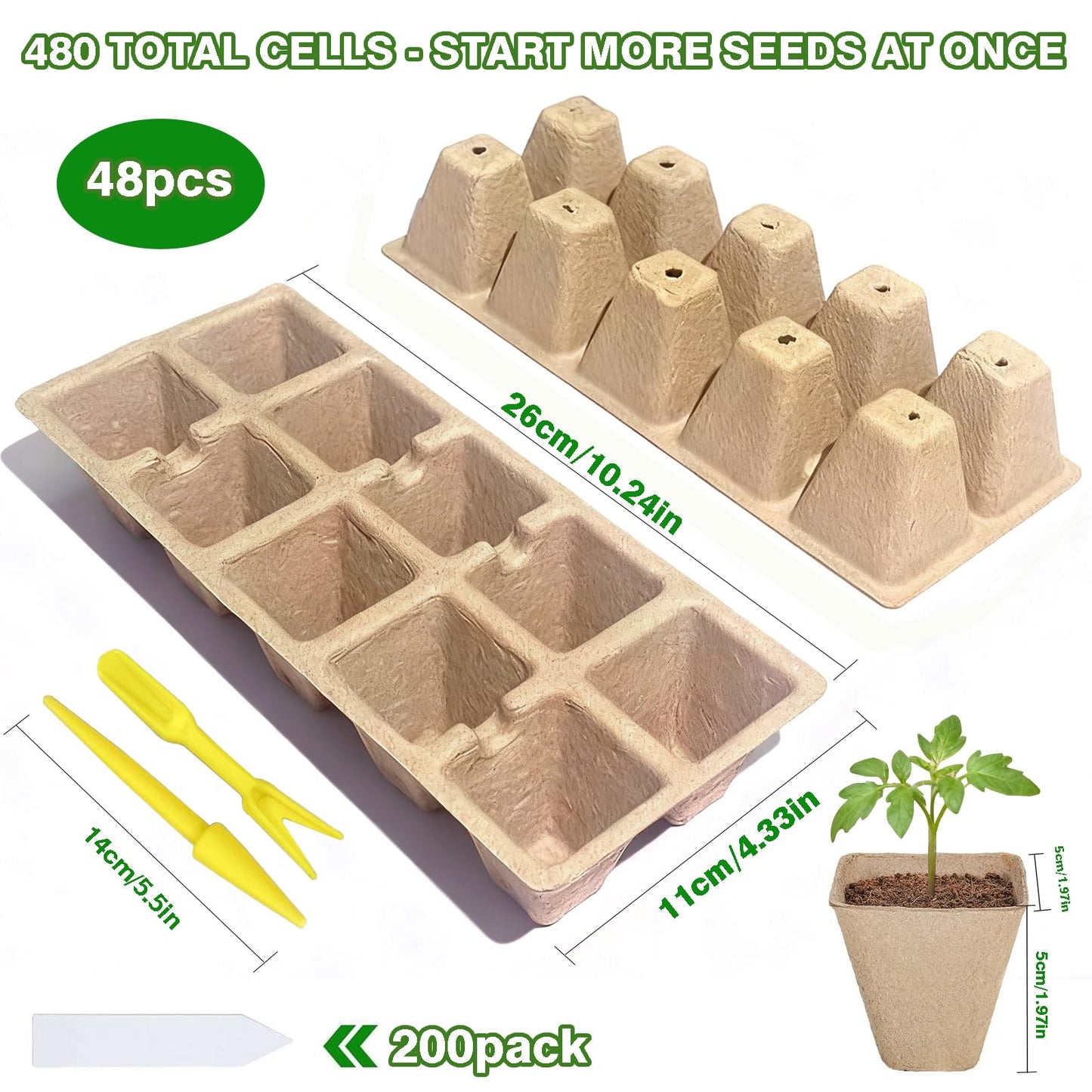 Kimdozee 480 Cells Seed Starter Tray, 48 Pack Biodegradable Peat Pots with 200 Labels, Germination Plant Starter Kit for Seedlings