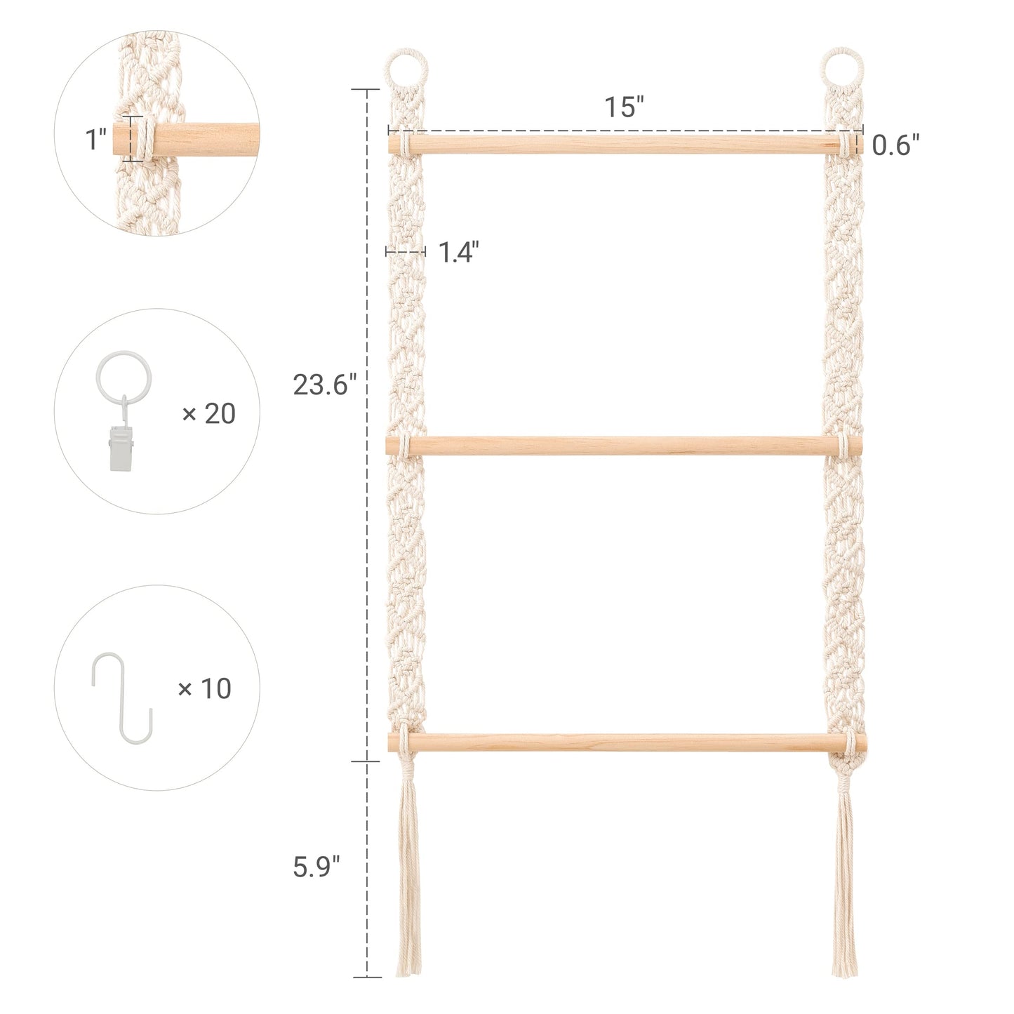 Dahey Hanging Jewelry Organizer Macrame Necklace Holder with 30 Hooks and Headband Holder with 30 Hooks Boho Decor for Baby Girls Room