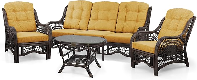 Malibu Lounge Set of 4: 2 Natural Rattan Wicker Chairs, Three-Seater Sofa