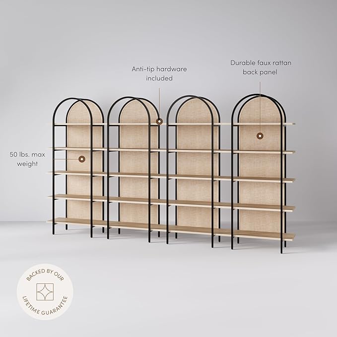 Nathan James Amara Bohemian 5-Shelf Etagere Bookcase, Rattan Open Bookshelf