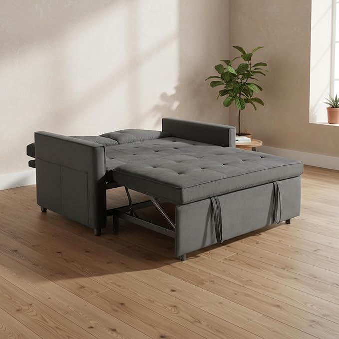 Sofa Bed, Pull Out Couch with Side Pockets, 3 in 1 Velvet Fabric Loveseat