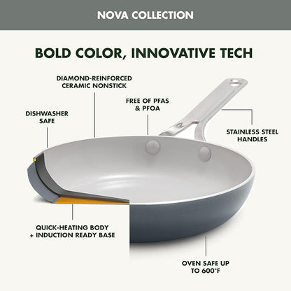 GreenPan Nova 2-Piece Nonstick Frying Pan Set, 8” & 10” Skillets, PFAS-Free Ceramic Cookware, Durable Fast Heating, Induction Ready, Omelet & Eggs, Oven Safe to 600F, Dishwasher Safe, Slate Gray