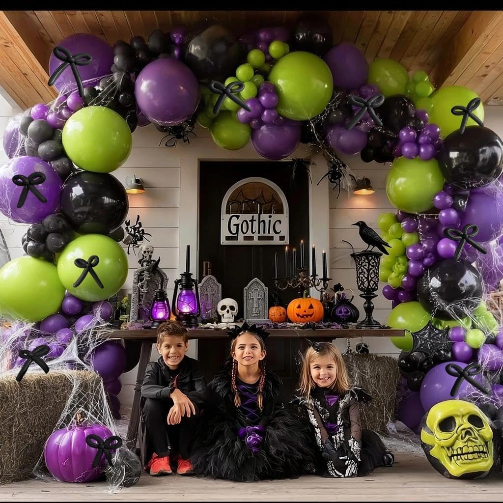 Black Purple Balloon Garland Arch Kit, Double Stuffed Purple Black Balloons Lime Green Lavender Balloon Arch for Wedding Birthday Baby Shower Gothic Wednesday Party Decorations
